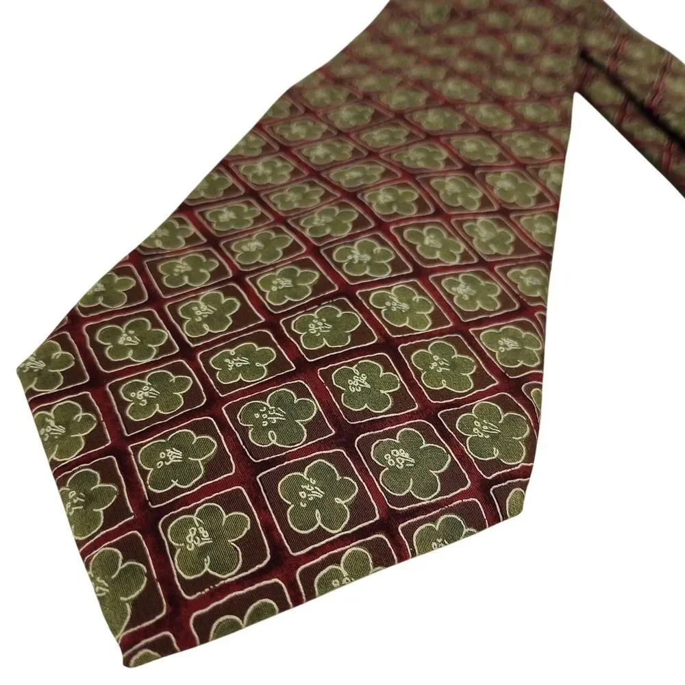 Lands End Mens‎ Tie Burgundy Green Floral Pattern Silk